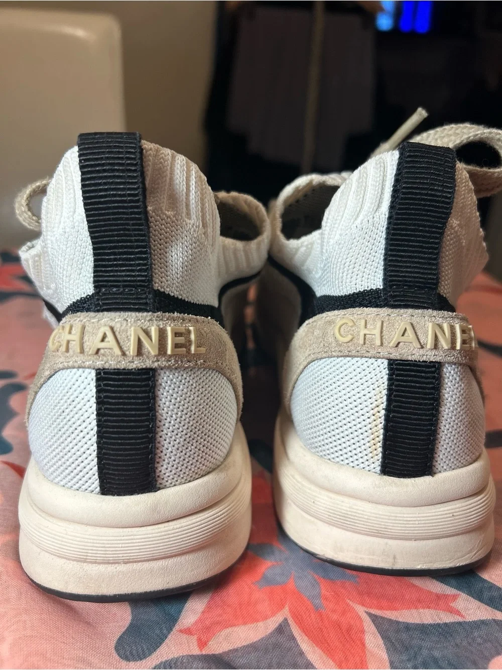 CHANEL Women’s Beige and Black Knit & Suede Sneaker